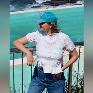 One Loved Babe White Smocked Ruffle Short Sleeve Peasant Top